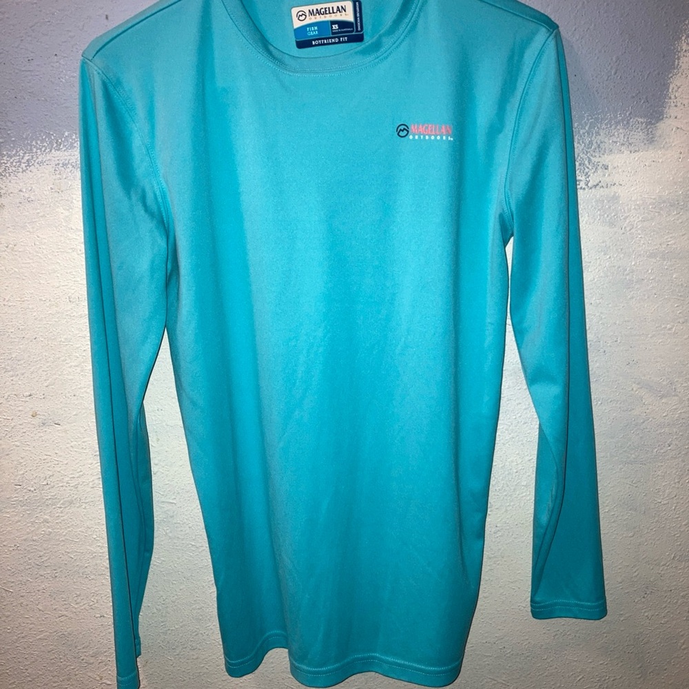 Women Magellan Outdoors Aqua Boyfriend Fit Shirt Sz Xs American Flag